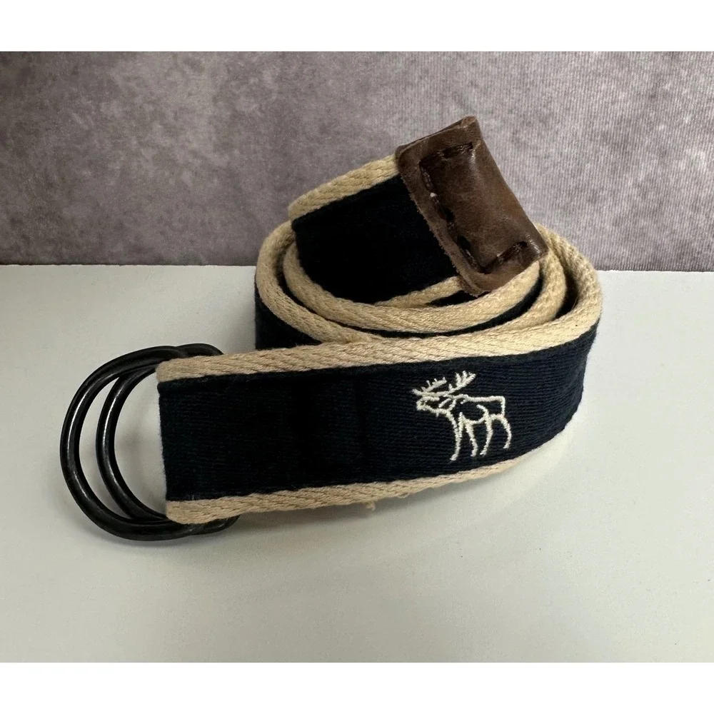 Abercrombie & Fitch D-Ring Canvas Belt Navy Blue Cream Moose Logo Size 12 38in